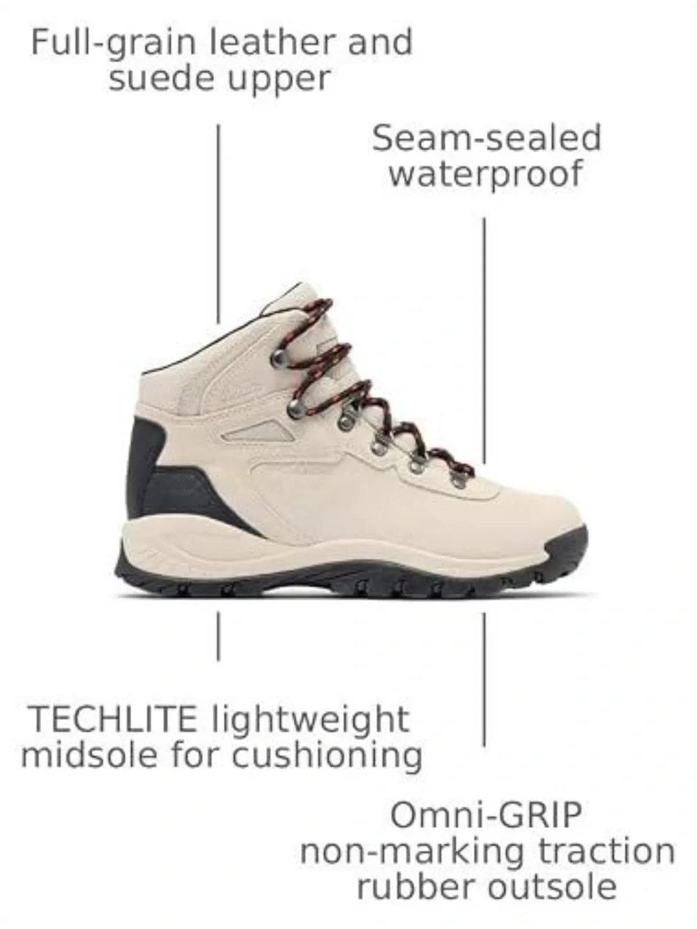 Columbia 8.5 Newton Ridge Plus Waterproof Cloud Grey Black Hiking Boot Red Laces